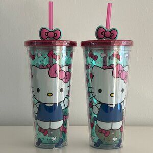 (Set of 2) Sanrio Hello Kitty 24oz Blue Outfit Plastic Tumbler W/ Pink Bow Straw